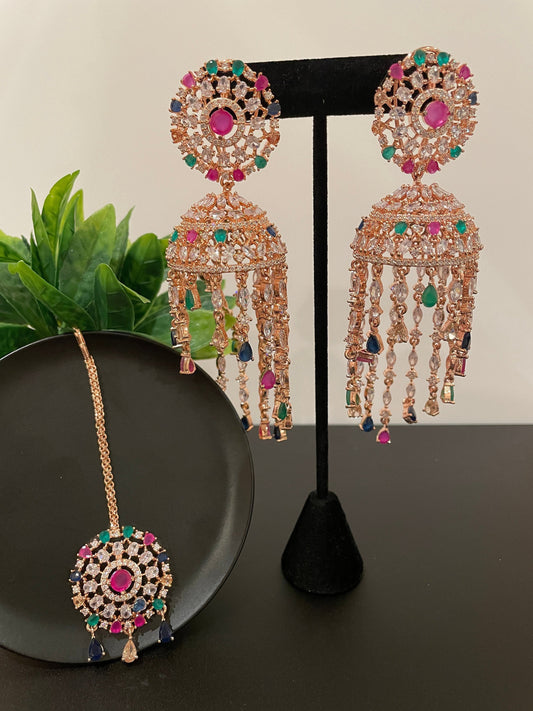 Maangtika set/Punjabi tikka and earrings/cz tikka and earrings/long indian earrings/CZ Indian earrings/CZ headpiece Indian/jhumka tikka set  MerakeJewelry