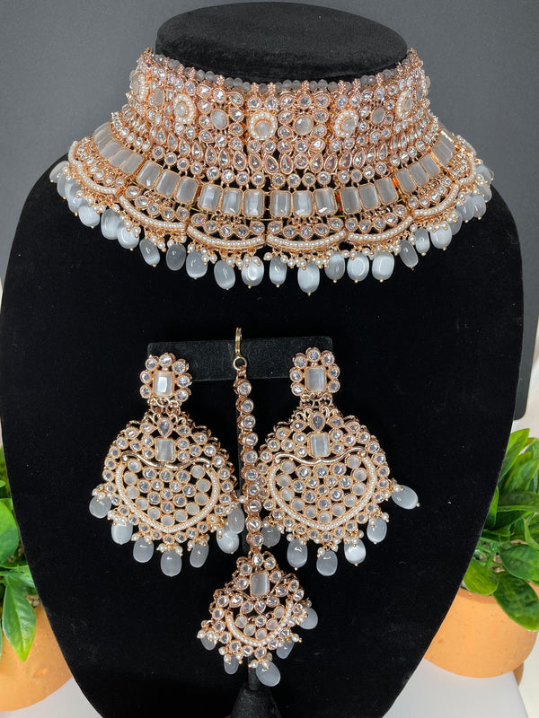 Indian bridal set/Rose gold choker Set/Nikah jewelry/Pink Indian choker/Grey Indian Choker/Indian green Jewelry/Valima/Sabyasachi necklace