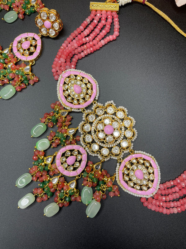 Conjunto kundan de oro rosa/gargantilla india rosa/collar Sabyasachi/gargantilla Polki/joyería de boda india/gargantilla rosa perla/gargantilla Meenakari jhumka