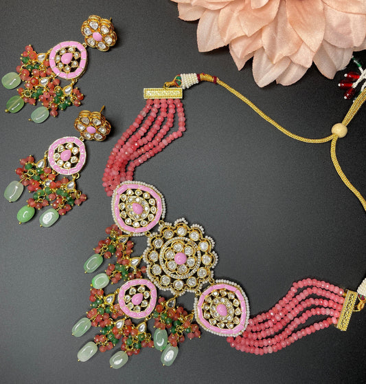 Conjunto kundan de oro rosa/gargantilla india rosa/collar Sabyasachi/gargantilla Polki/joyería de boda india/gargantilla rosa perla/gargantilla Meenakari jhumka  MerakeJewelry