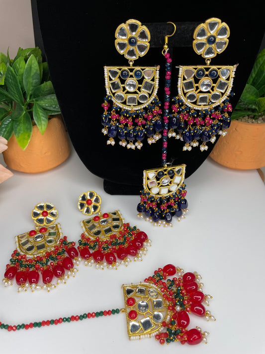Punjabi tikka and earrings/Indian Jhumka/Tikka and Jhumka/Punjabi Earrings/Mirror Jhumka/Kundan Tikka earrings/Red maangtikka/blue chandbali  MerakeJewelry