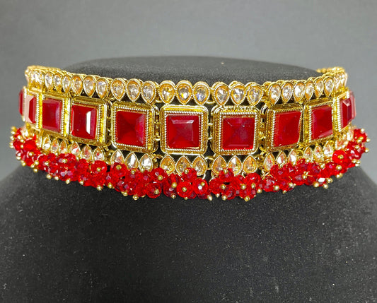 Red and Gold Dainty Choker Set  MerakeJewelry