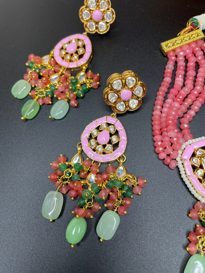 Conjunto kundan de oro rosa/gargantilla india rosa/collar Sabyasachi/gargantilla Polki/joyería de boda india/gargantilla rosa perla/gargantilla Meenakari jhumka