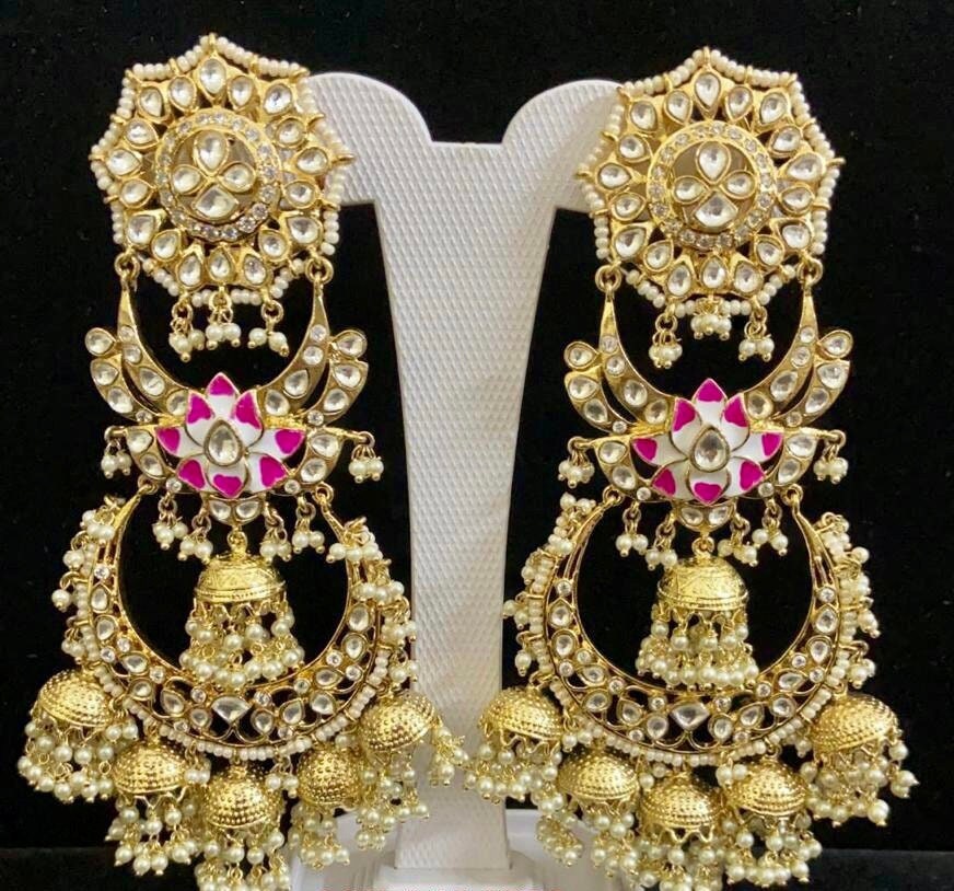 Pendientes de oro rosa/Jhumka indio/pendientes Kundan/Jhumka rosa/Jhumka nupcial/pendientes Polki/Chandbali/joyería de boda india/pendientes Deepika