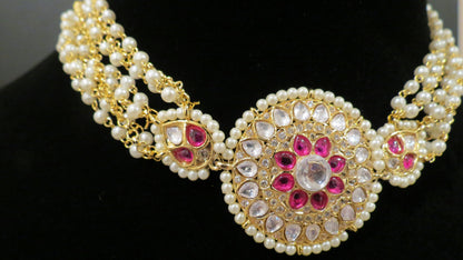 Gargantilla de perlas de oro indio con pendientes/joyería rosa claro simple nupcial/gargantilla de templo con jhumka/collar de capa de fiesta de recepción con tachuelas
