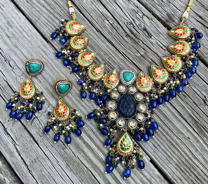 Semi Precious Choker/Victorian Necklace/Rajasthani Jewelry/Meenakari Necklace/Blue Indian choker/Indian Wedding Jewelry/Jhumka Set/Enameled