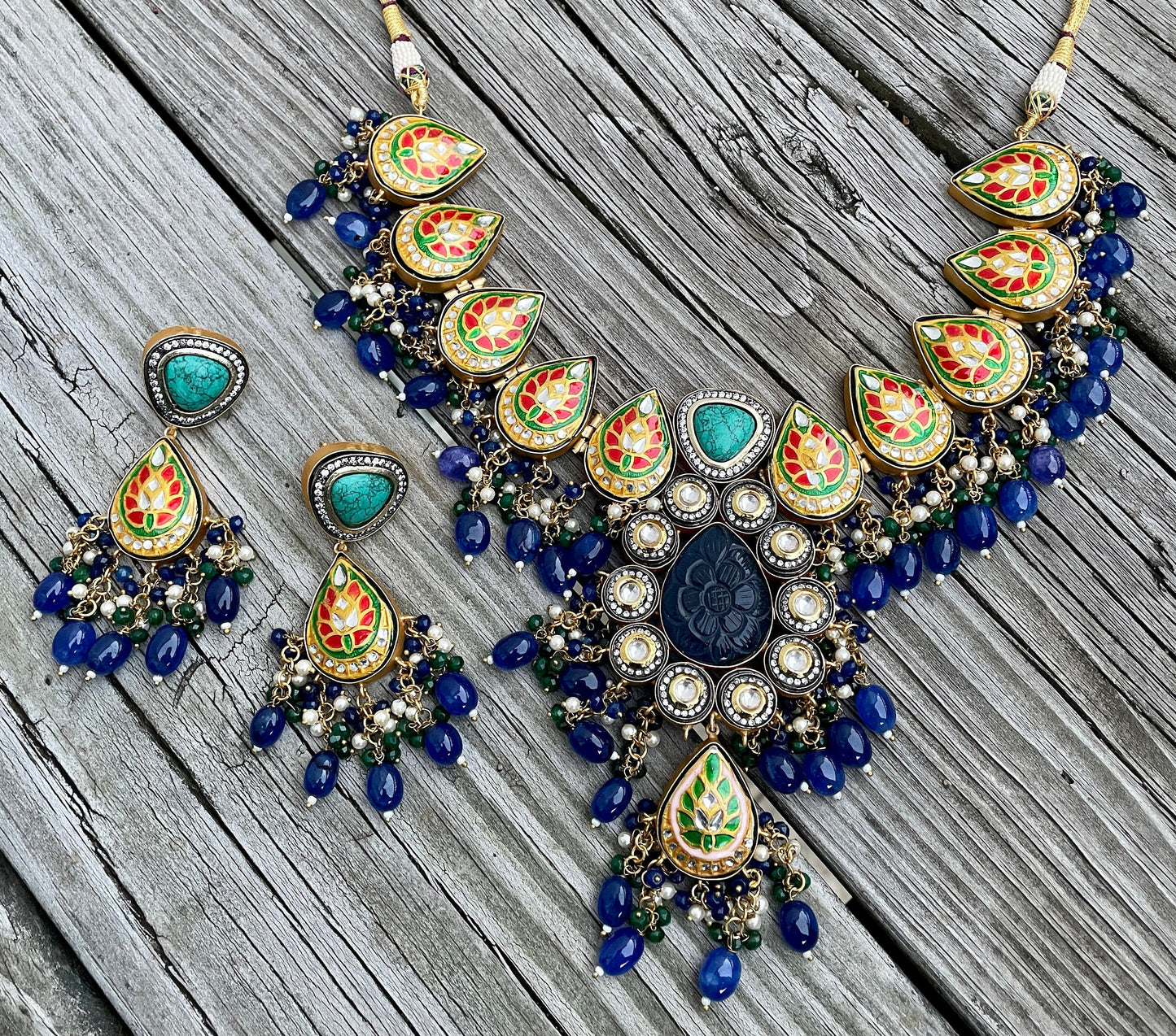 Gargantilla semipreciosa/collar victoriano/joyería Rajasthani/collar Meenakari/gargantilla india azul/joyería de boda india/conjunto Jhumka/esmaltado