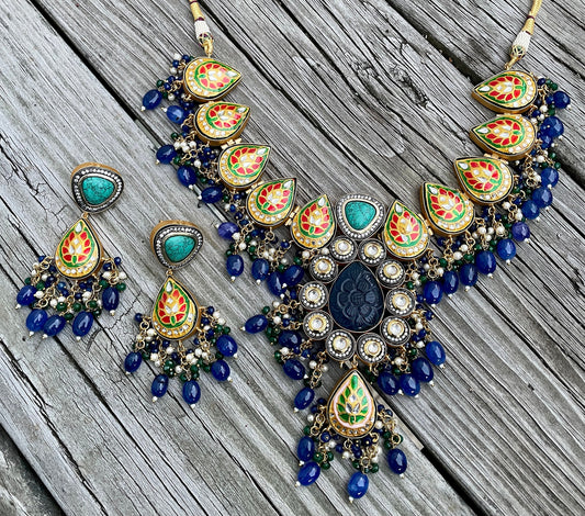 Gargantilla semipreciosa/collar victoriano/joyería Rajasthani/collar Meenakari/gargantilla india azul/joyería de boda india/conjunto Jhumka/esmaltado  MerakeJewelry