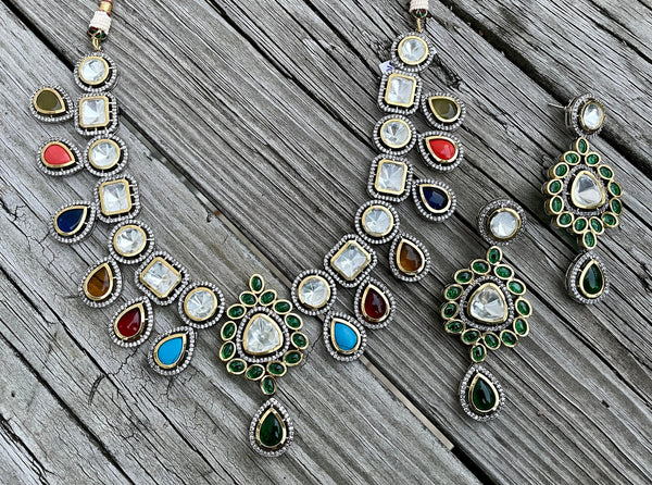 Uncut Polki Jewelry/Semi Precious Necklace Set/Bollywood Jewelry/Nikah Valima jewelry/Silver Indian choker/Indian Wedding Jewelry/Polki Set