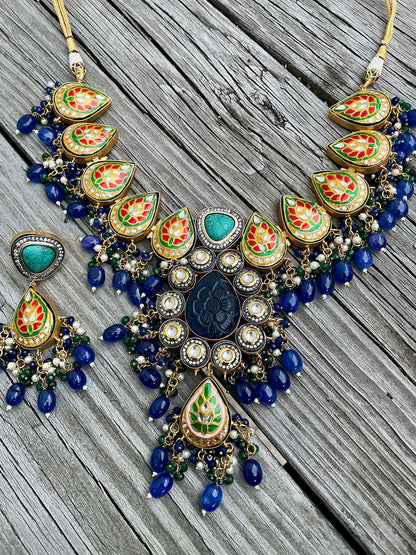 Semi Precious Choker/Victorian Necklace/Rajasthani Jewelry/Meenakari Necklace/Blue Indian choker/Indian Wedding Jewelry/Jhumka Set/Enameled