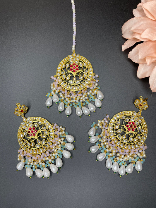 Tikka and jhumka set/Indian kundan earrings/Indian polki earrings/Indian maang tikka set/Punjabi jewelry/bridal Indian jewelry/gold tikka  MerakeJewelry