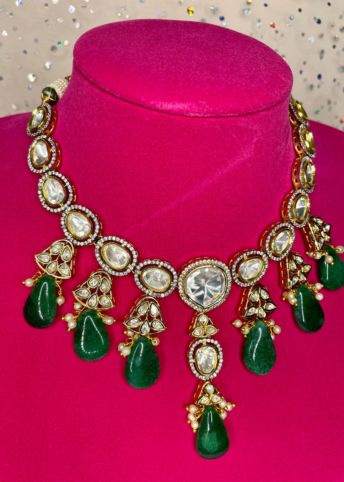 Polki Jewelry/Emerald and Polki Necklace/Bollywood Jewelry/Tyaani Necklace/Pakistani Jewelry/Indian Bridal Necklace/Kundan CZ Choker/Green