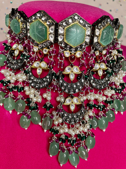 Collar indio kundan multicolor/joyería Bollywood/gargantilla de boda rosa azul/collar polki verde/collar bohemio con pendientes tikka