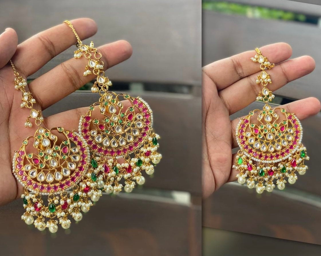 Maangtikka with earrings/pachi kundan earrings/jhumka with tikka/polki earrings/kundan earrings/Pakistani jewelry/Bollywood jewelry/tikka