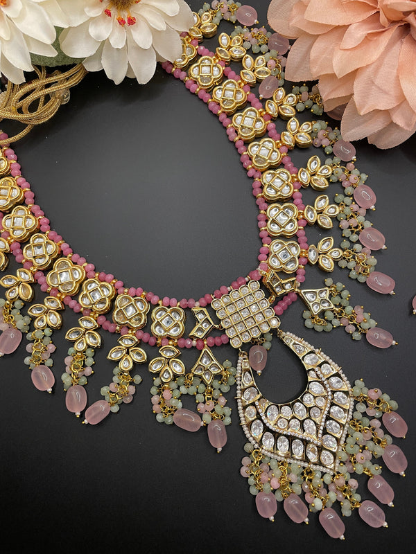 Joyería Rajasthani/collar largo rosa/joyería india de Bollywood/collar nupcial indio/joyería Mehendi/collar indio único brillante jhumka