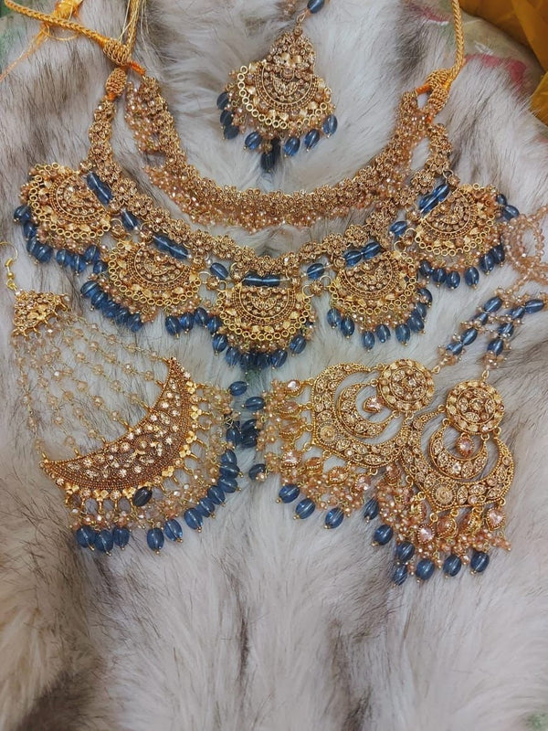 Pakistani bridal set/blue gold Indian necklace/choker with passa/walima necklace/Indian wedding set/Bollywood jewelry/kundan necklace set
