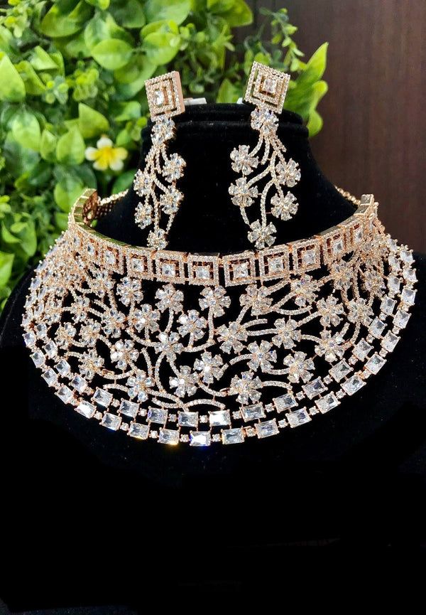 Sabyasachi necklace/cz bridal necklace/American Diamond choker/Indian wedding reception jewelry/rose gold cz choker/Pakistani set/merake