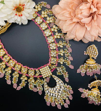 Joyería Rajasthani/collar largo rosa/joyería india de Bollywood/collar nupcial indio/joyería Mehendi/collar indio único brillante jhumka