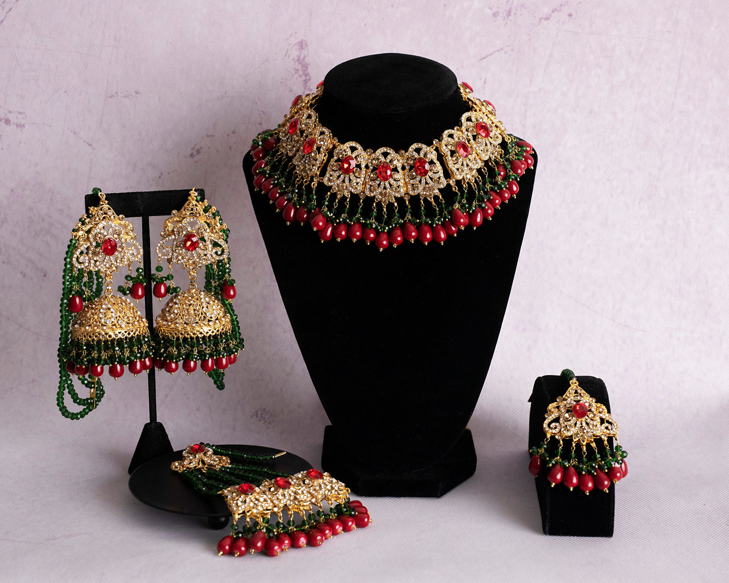 Indian Bridal jewelry, Hyderabadi Jewelry, pakistani jewelry, multi Gold Set, multi color pakistani set, choker Set with tikka jhumka jhumar
