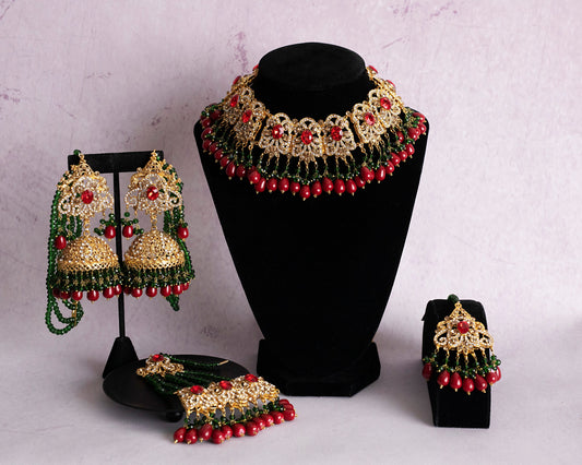 Joyería nupcial india, joyería Hyderabadi, joyería paquistaní, conjunto de oro multicolor, conjunto paquistaní multicolor, conjunto de gargantilla con tikka jhumka jhumar  MerakeJewelry