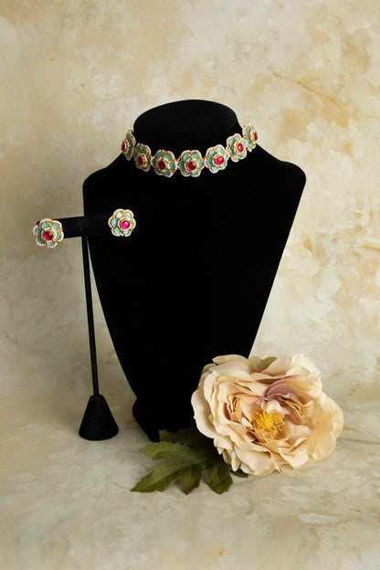 Indian bridal set/pachi kundan choker Set/flower jewelry/Pink Indian choker/Grey Indian Choker/floral Jewelry/Valima/Sabyasachi necklace