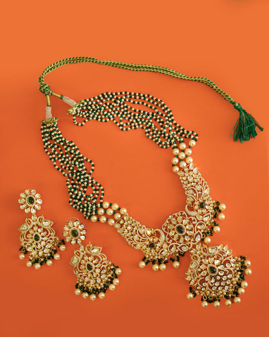 Joyería nupcial india, joyería Hyderabadi, joyería paquistaní, conjunto de mala gargantilla paquistaní, conjunto largo rani haar mala/conjunto largo verde y dorado  MerakeJewelry