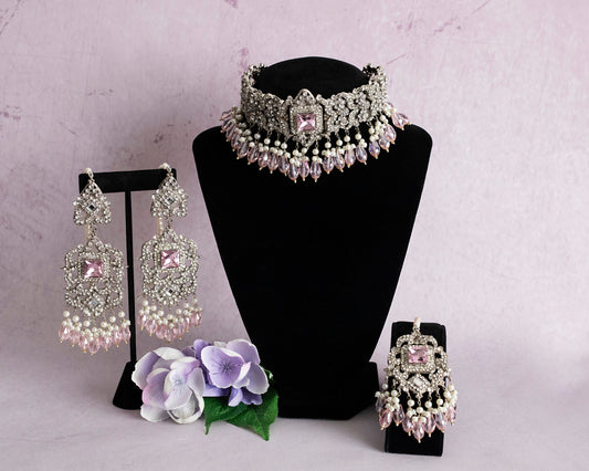 Joyería nupcial india, joyería Hyderabadi, joyería paquistaní, conjunto de plata, conjunto de mala gargantilla paquistaní, conjunto nupcial completo con tikka jhumka jhumar  MerakeJewelry