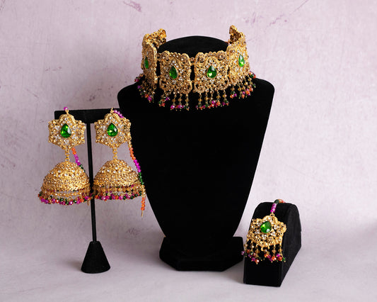 Joyería nupcial india, joyería Hyderabadi, joyería paquistaní, conjunto de oro rosa, conjunto paquistaní multicolor, conjunto de gargantilla con tikka jhumka jhumar  MerakeJewelry