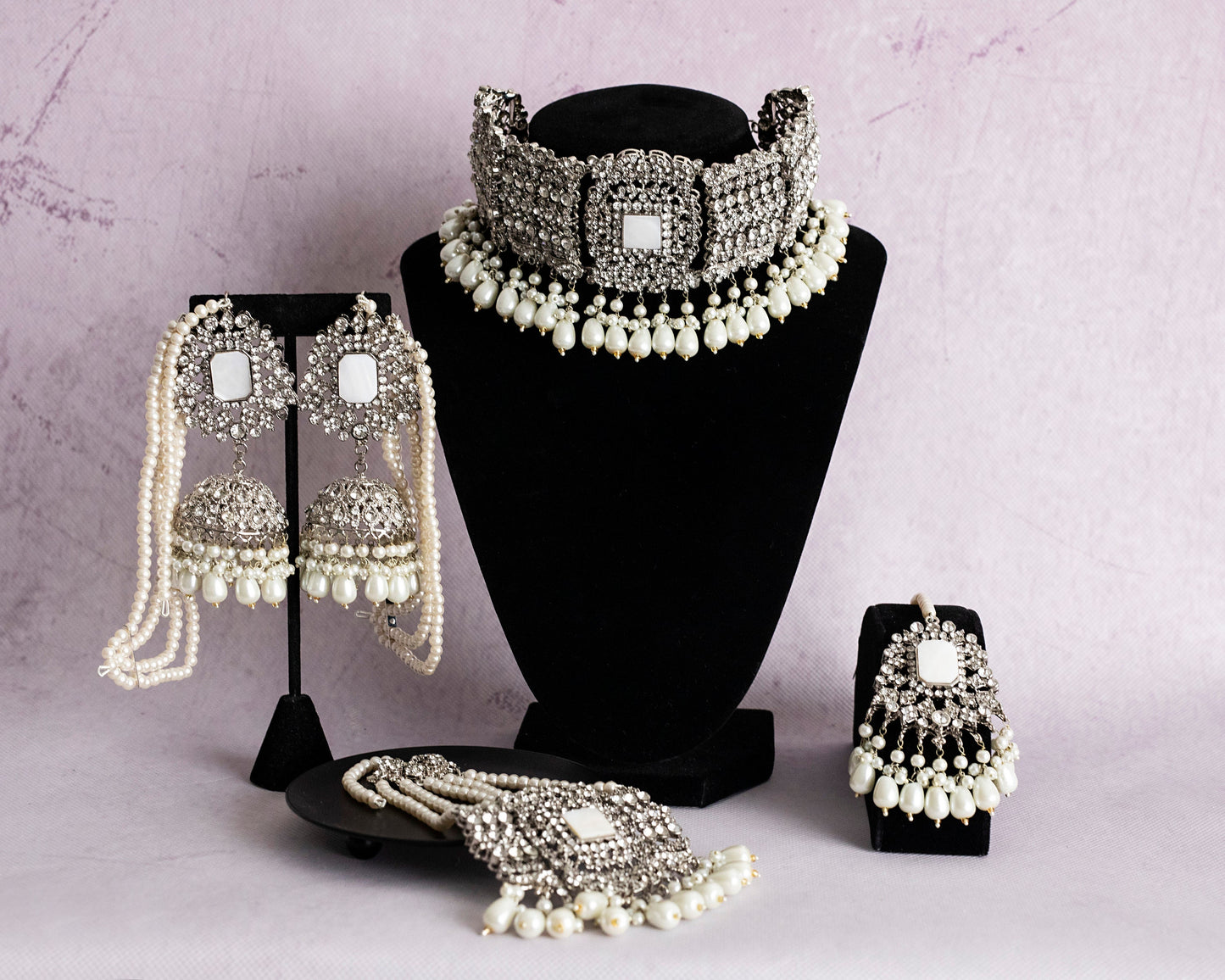 Indian Bridal jewelry, Hyderabadi Jewelry, pakistani jewelry,simple Set, pakistani choker mala set,Bridal Set with tikka jhumka white silver