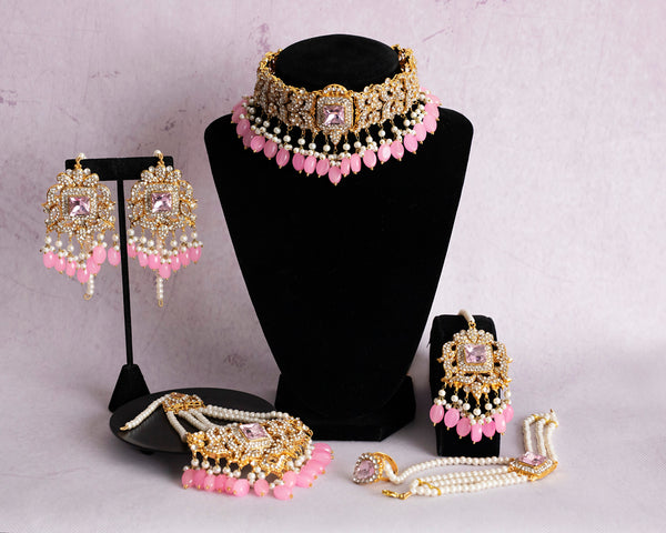 Indian Bridal jewelry, Hyderabadi Jewelry, pakistani jewelry,gold pink Set, pakistani choker set,Bridal Set with tikka jhumka jhumar