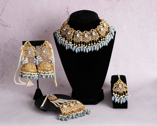 Indian Bridal jewelry, Hyderabadi Jewelry, pakistani jewelry,gold blue Set, pakistani choker set,Bridal Set with tikka jhumka jhumar