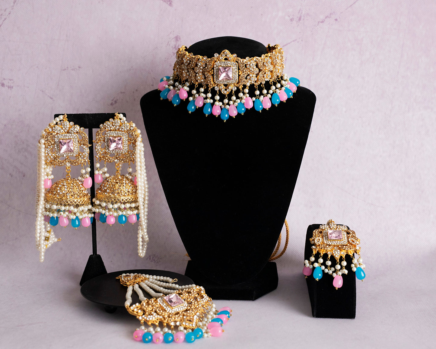 Joyería nupcial india, joyería Hyderabadi, joyería paquistaní, conjunto rosa azul dorado, conjunto de gargantilla paquistaní, conjunto nupcial con tikka jhumka jhumar