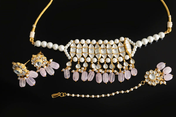 Indian bridal set/pachi kundan choker Set/Pearl Mehendi jewelry/Pink Indian choker/Grey Indian Choker/Punjabi Jewelry/Sabyasachi necklace