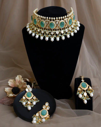 Conjunto de gargantilla rosa de boda india/gargantilla Nikkah con tikka y jhumka/conjunto de collar nupcial paquistaní/joyería cz de oro walima/collar Sabyasachi