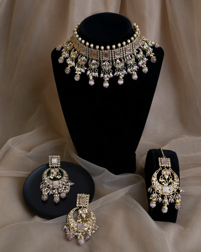 indian Wedding pink choker Set/Nikkah choker with tikka and jhumka/pakistani bridal necklace set/pink kundan set/Sabyasachi necklace/polki