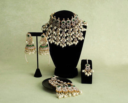 Indian Bridal jewelry, Hyderabadi Jewelry, pakistani gold pink jewelry, pakistani choker red set, Full Bridal Set with tikka jhumka jhumar