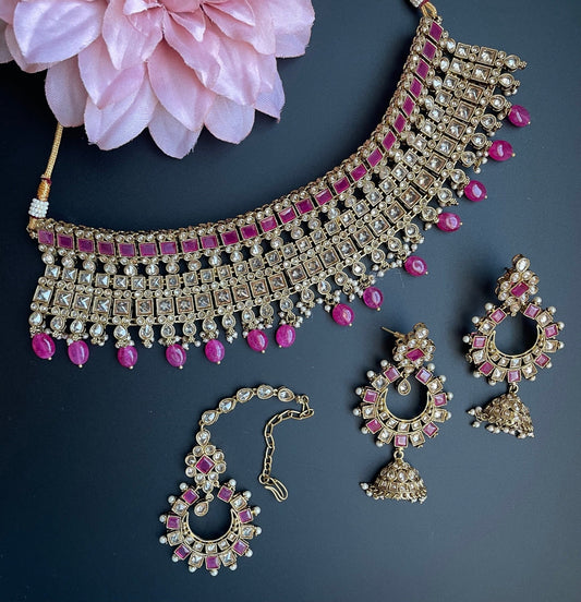 statement indian bridal necklace/antique finish gold bridal necklace/wedding polki choker/choker with jhumka tikka/pink gold polki set/bride  MerakeJewelry