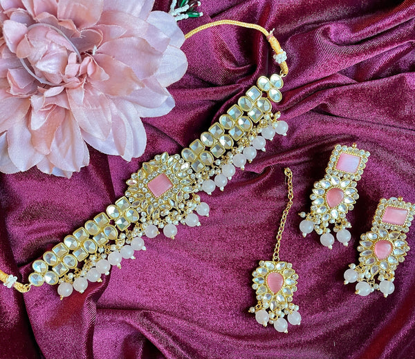 Mirror Choker with Tikka and Earring