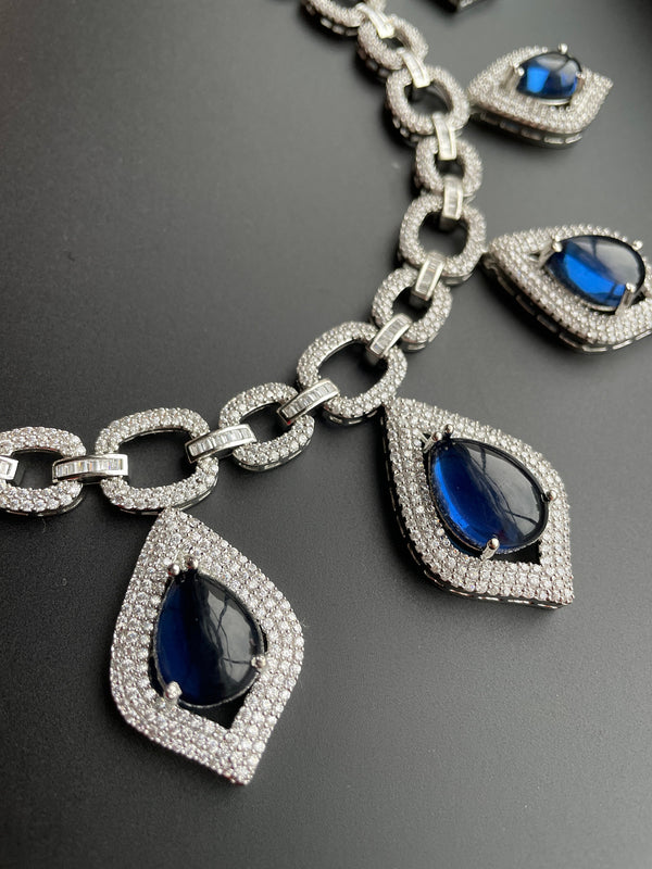 American Diamond Blue Silver choker/CZ Silver Necklace/Reception Silver Choker/Moissanite Blue Necklace/Gifts for her/Sapphire Silver Choker