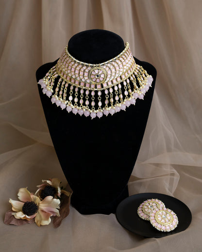 Conjunto de gargantilla rosa de boda india/gargantilla Nikkah con tikka y jhumka/conjunto de collar nupcial pakistaní/conjunto pachi kundan/collar Sabyasachi
