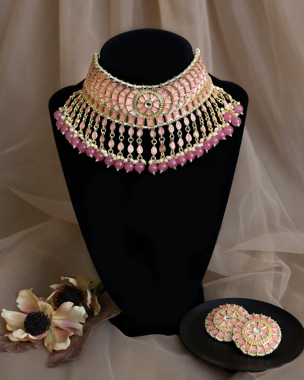 Conjunto de gargantilla rosa de boda india/gargantilla Nikkah con tikka y jhumka/conjunto de collar nupcial pakistaní/conjunto pachi kundan/collar Sabyasachi