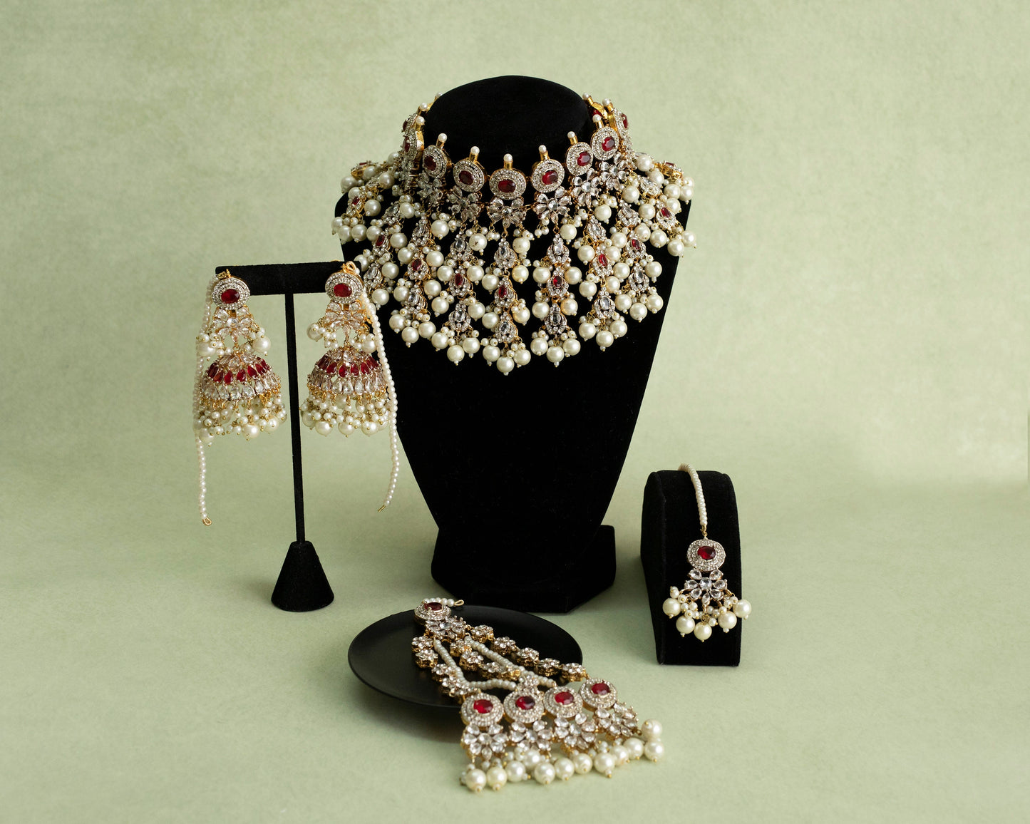 Indian Bridal jewelry, Hyderabadi Jewelry, pakistani gold pink jewelry, pakistani choker red set, Full Bridal Set with tikka jhumka jhumar