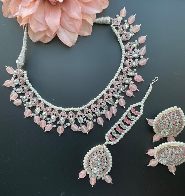 Gargantilla rosa india simple/joyería india Mehendi Sangeet/gargantilla Kundan de plata/collar nupcial indio/joyería india nupcial/collar Polki