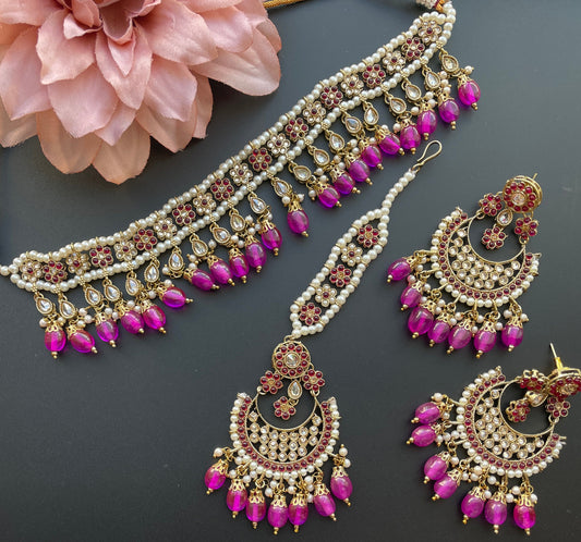 Red Polki Choker with tikka and earrings  MerakeJewelry