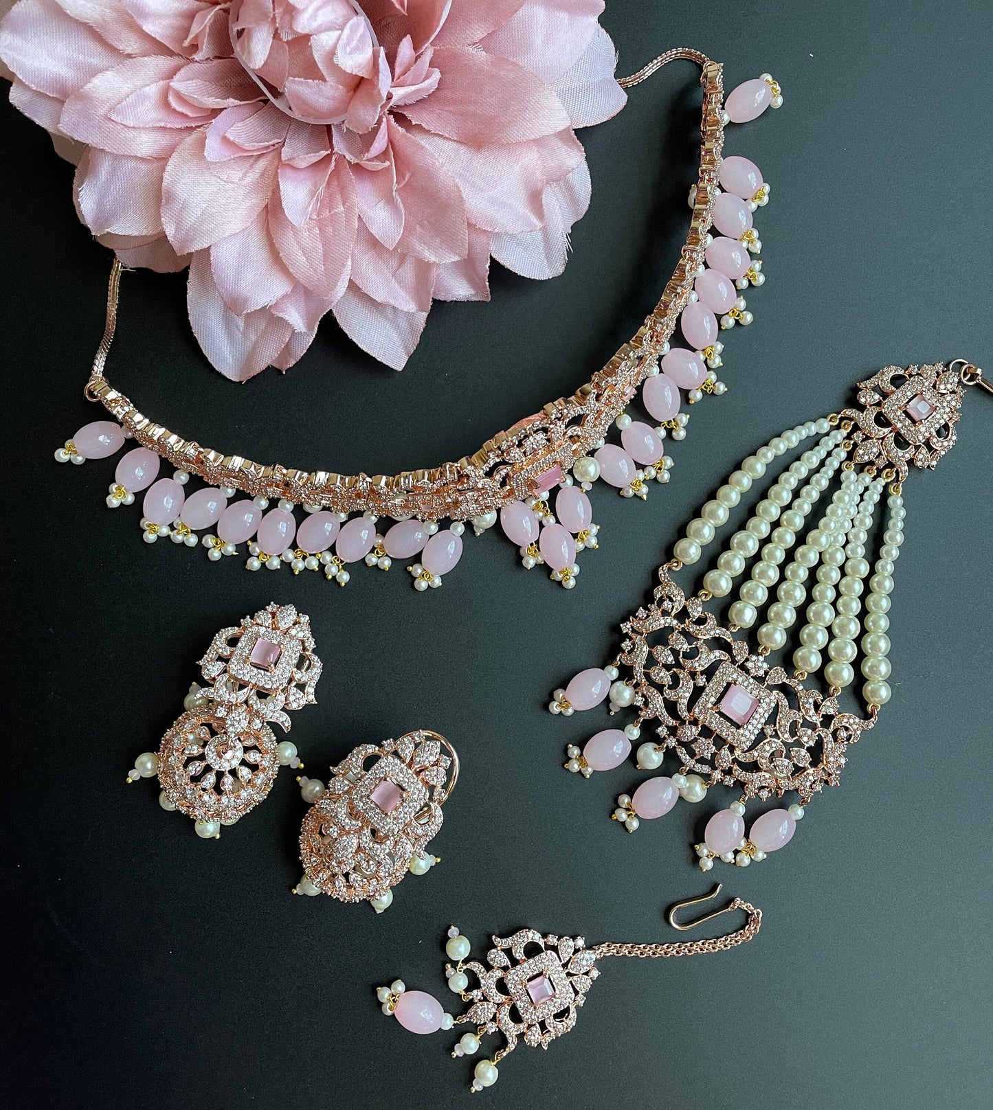 Indian bridal set/Rose gold cz kundan Set/Pink Indian choker/Polki Choker with tikka/Rose gold pearl set/Walima choker/Sabyasachi necklace