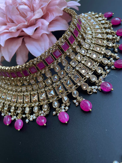 statement indian bridal necklace/antique finish gold bridal necklace/wedding polki choker/choker with jhumka tikka/pink gold polki set/bride