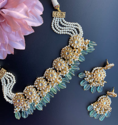 Jaipur Rajasthani necklace/thapa kundan set/pakistani necklace/indian wedding jewelry/blue and gold choker set/kundan choker/walima set