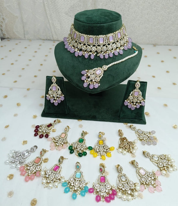 Indian bridal set/Rose gold choker Set/Nikkah choker and tikka/Pink Indian choker/wedding cz green Jewelry/simple indian choker/mehendi set