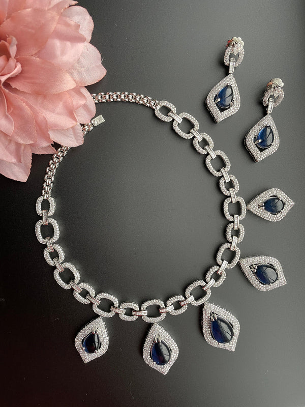 American Diamond Blue Silver choker/CZ Silver Necklace/Reception Silver Choker/Moissanite Blue Necklace/Gifts for her/Sapphire Silver Choker