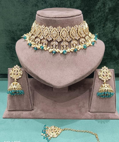 Conjunto nupcial azul polki indio/gargantilla de perlas indias rosas/collar Sabyasachi/gargantilla india antigua para novia/conjunto nupcial ligero simple
